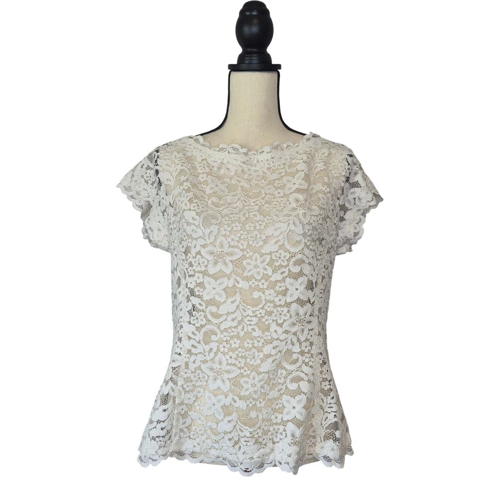 Rickie Freeman Teri Jon Ivory Floral Lace Blouse Boat Neck Cap Sleeve Top Sz 10